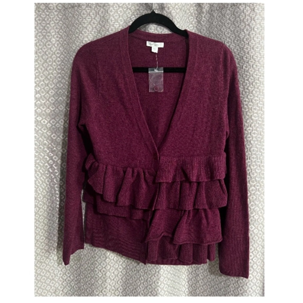 Garnet Hill Cardigan Sweater Size Small Burgundy 100% Wool Womens Ruffle